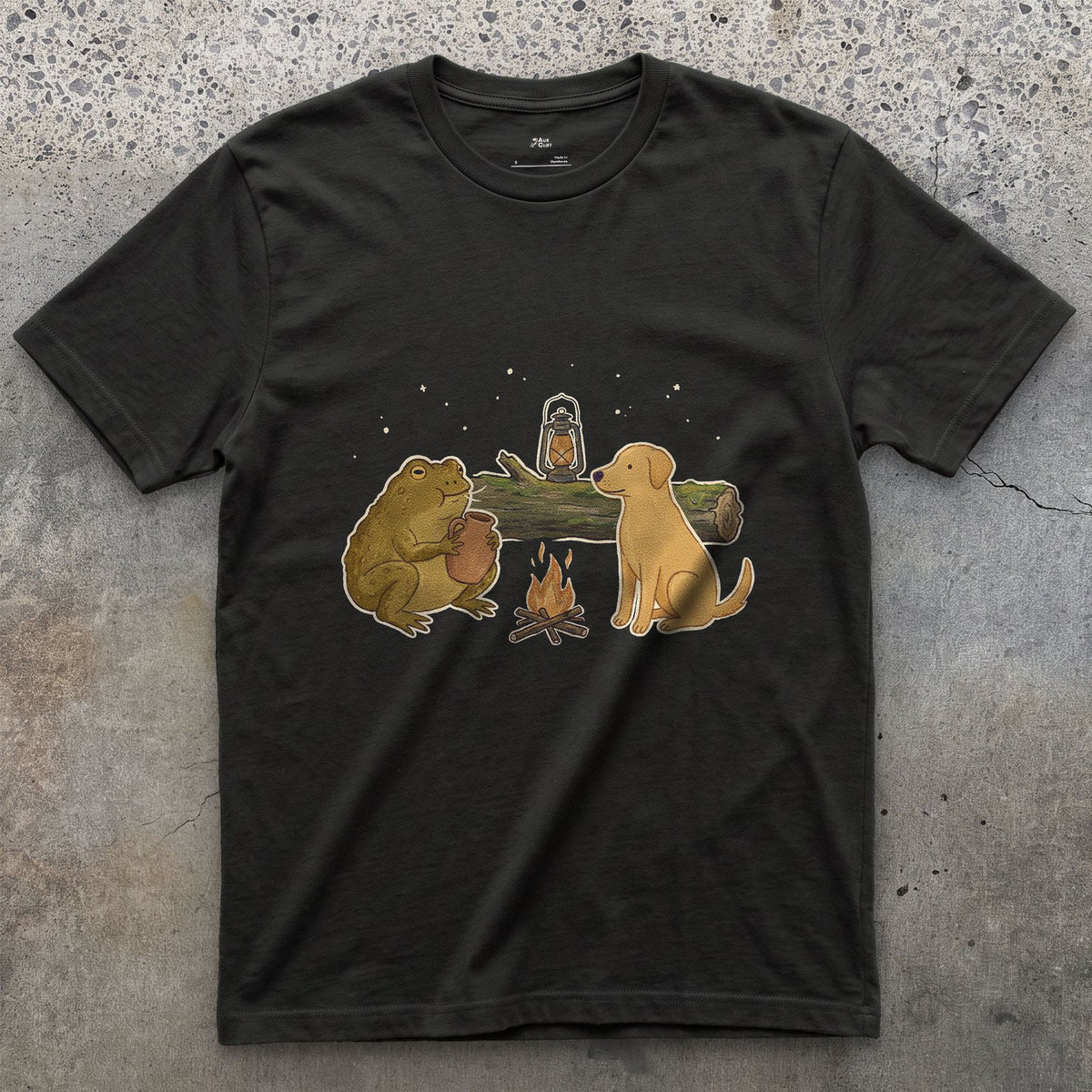 The Croak and the Jug Sound the Same, Toad at Camp design on a Black Gildan Softstyle t-shirt