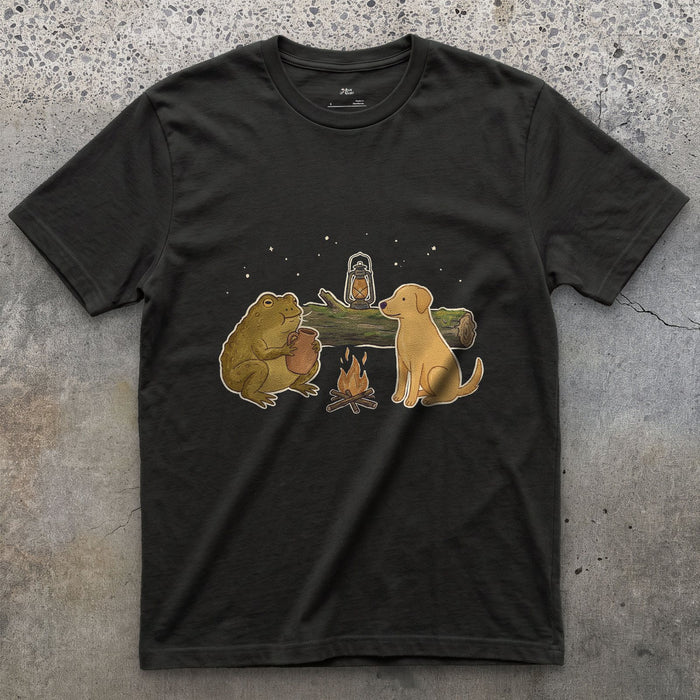 The Croak and the Jug Sound the Same, Toad at Camp design on a Black Gildan Softstyle t-shirt