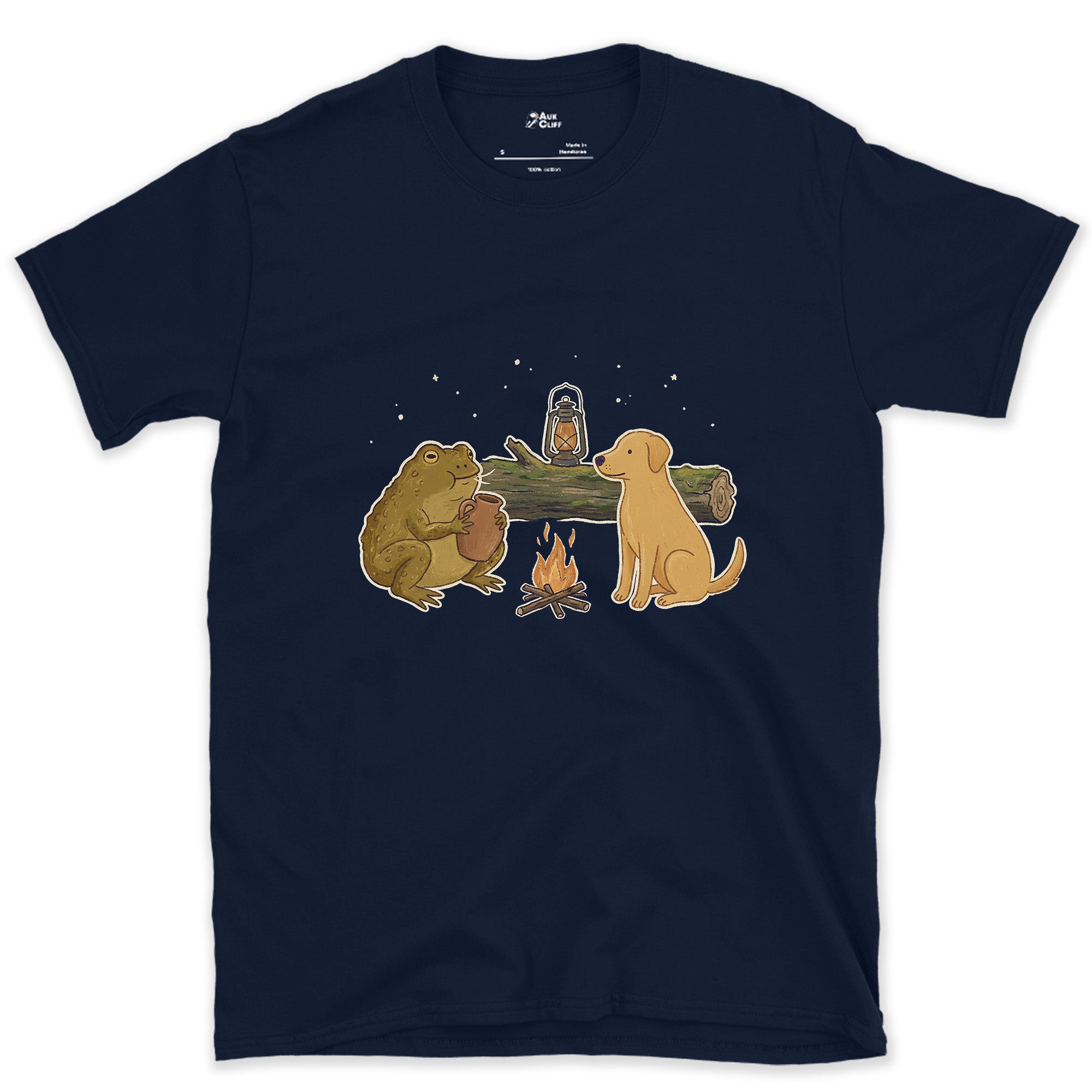The Croak and the Jug Sound the Same, Toad at Camp design on a Navy Gildan Softstyle t-shirt