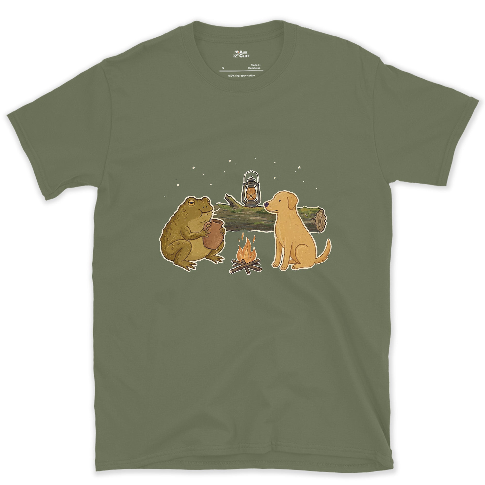 The Croak and the Jug Sound the Same, Toad at Camp design on a Military Green Gildan Softstyle t-shirt
