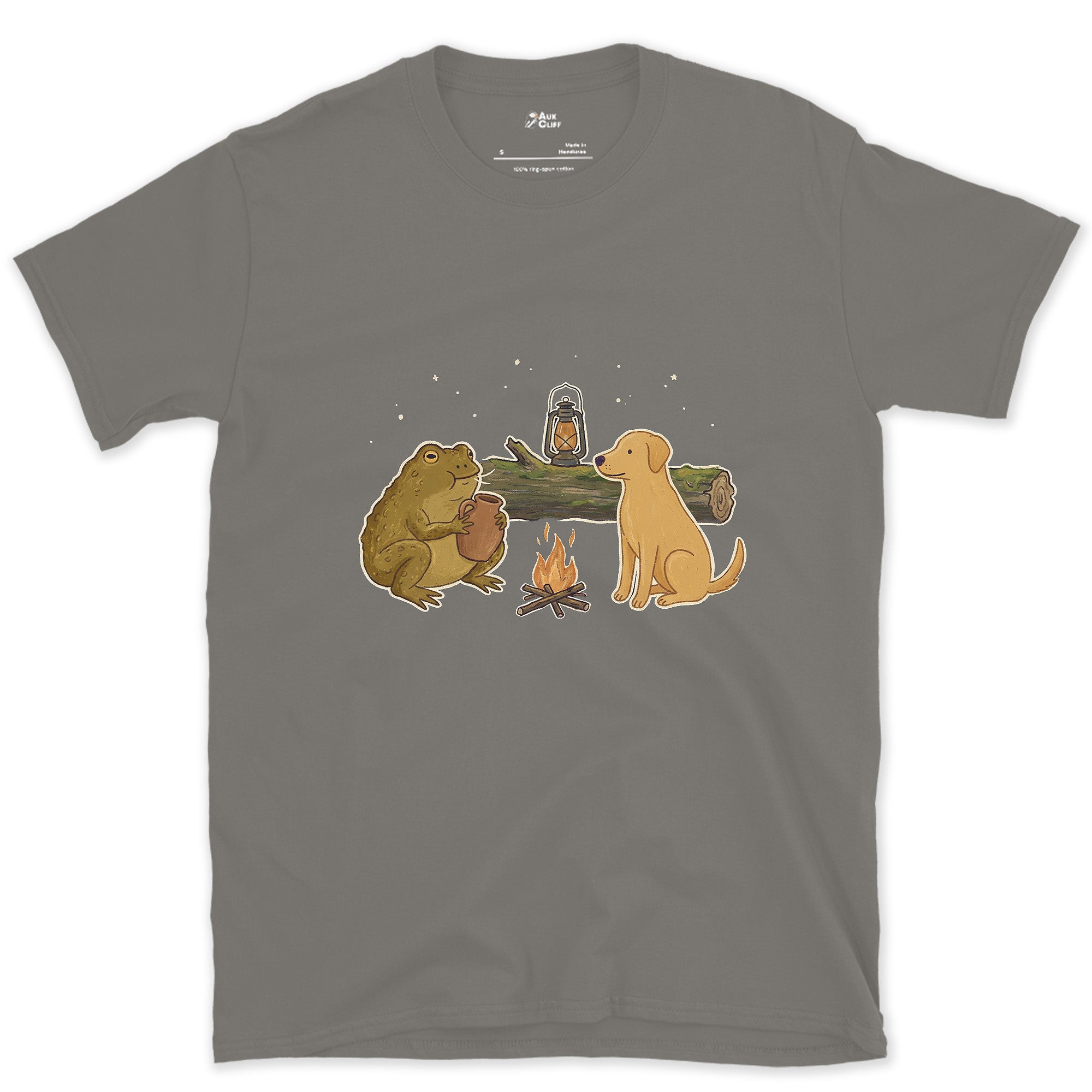 The Croak and the Jug Sound the Same, Toad at Camp design on a Charcoal Gildan Softstyle t-shirt