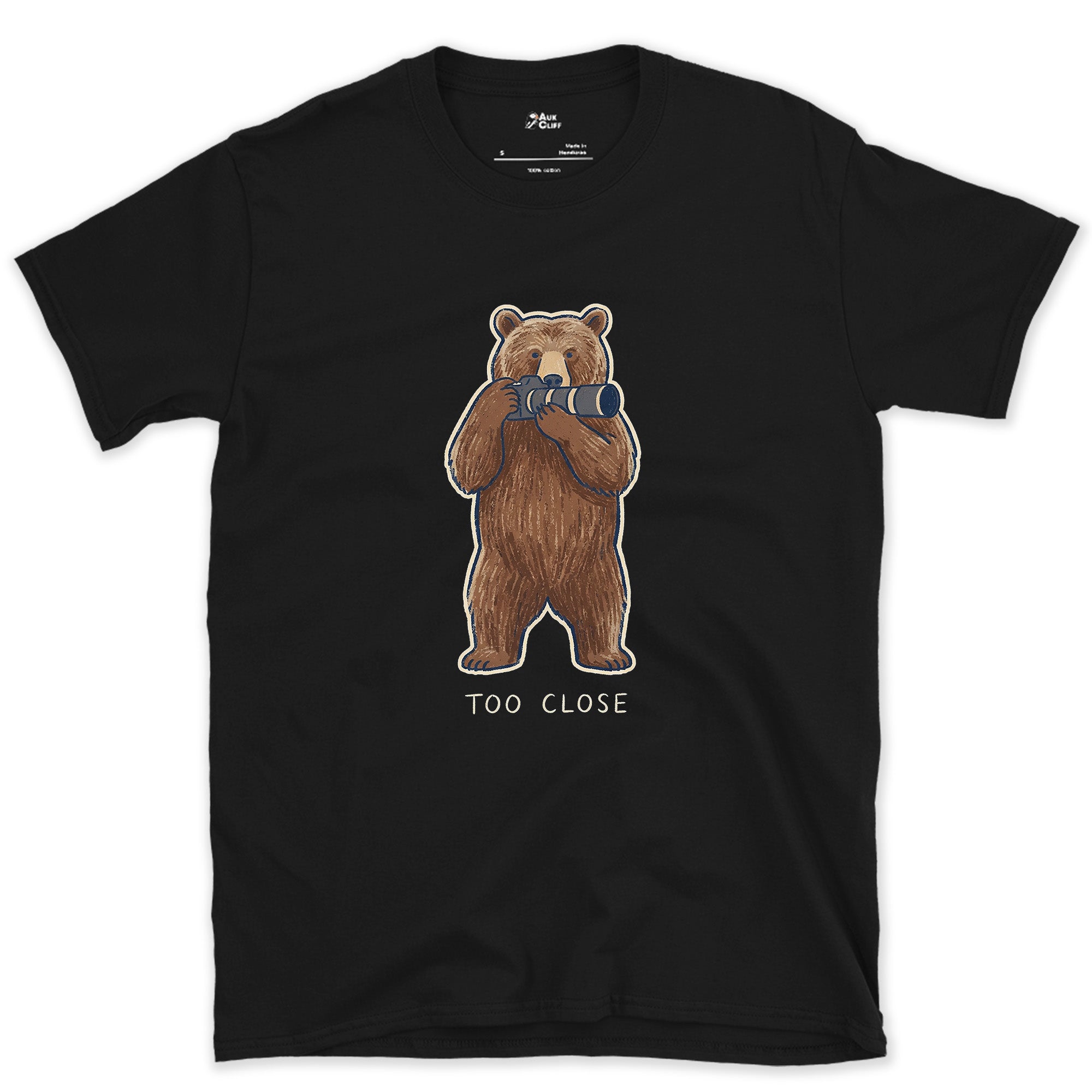 Too Close, Bear Ignored the Camera Rule design on a Black Gildan Softstyle t-shirt