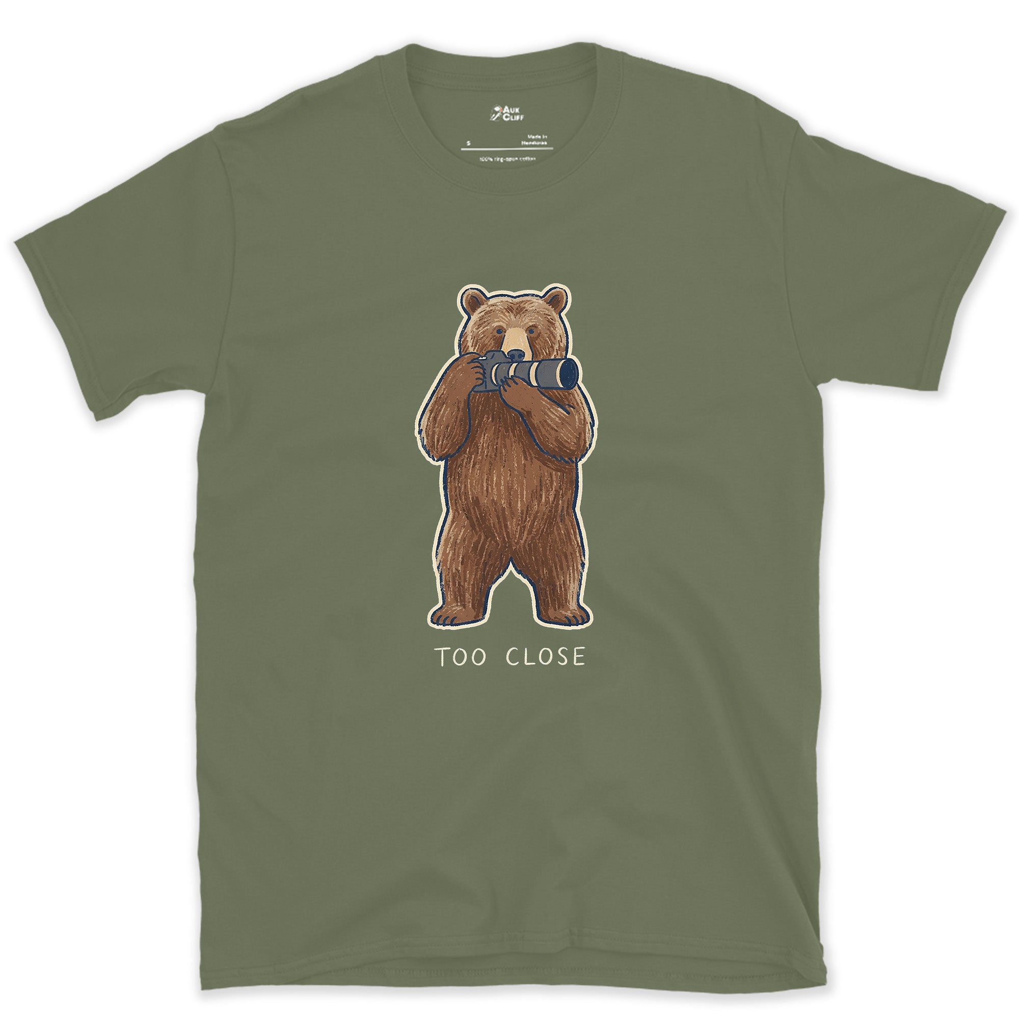 Too Close, Bear Ignored the Camera Rule design on a Military Green Gildan Softstyle t-shirt