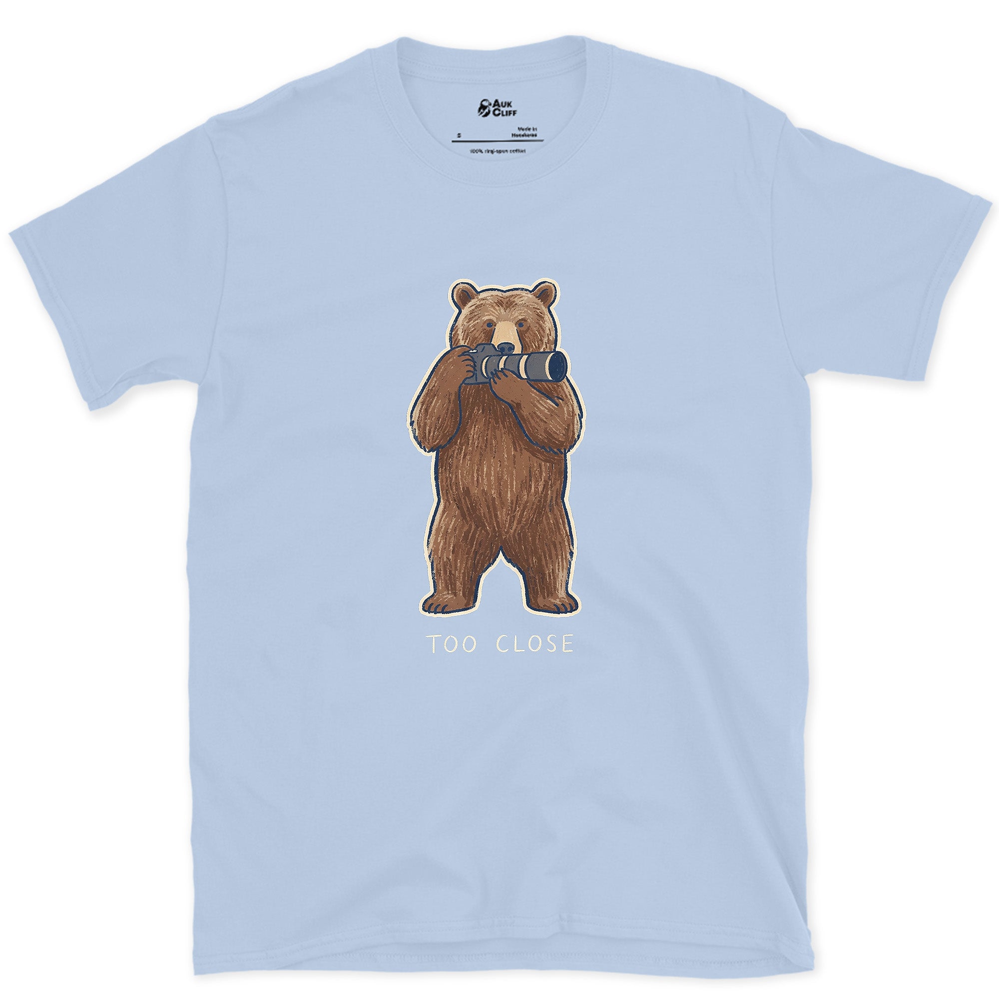 Too Close, Bear Ignored the Camera Rule design on a Light Blue Gildan Softstyle t-shirt
