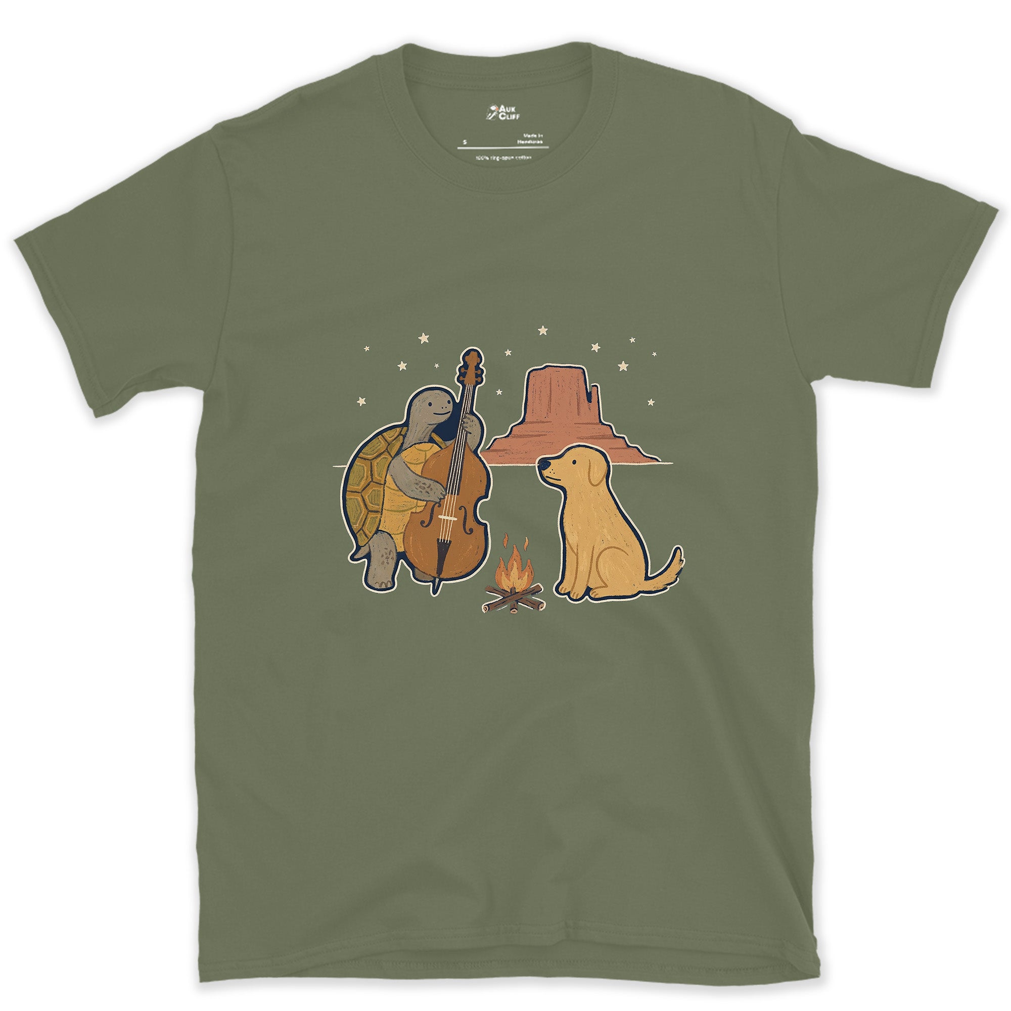 Mesa Instead of Trees, Tortoise on Bass design on a Military Green Gildan Softstyle t-shirt