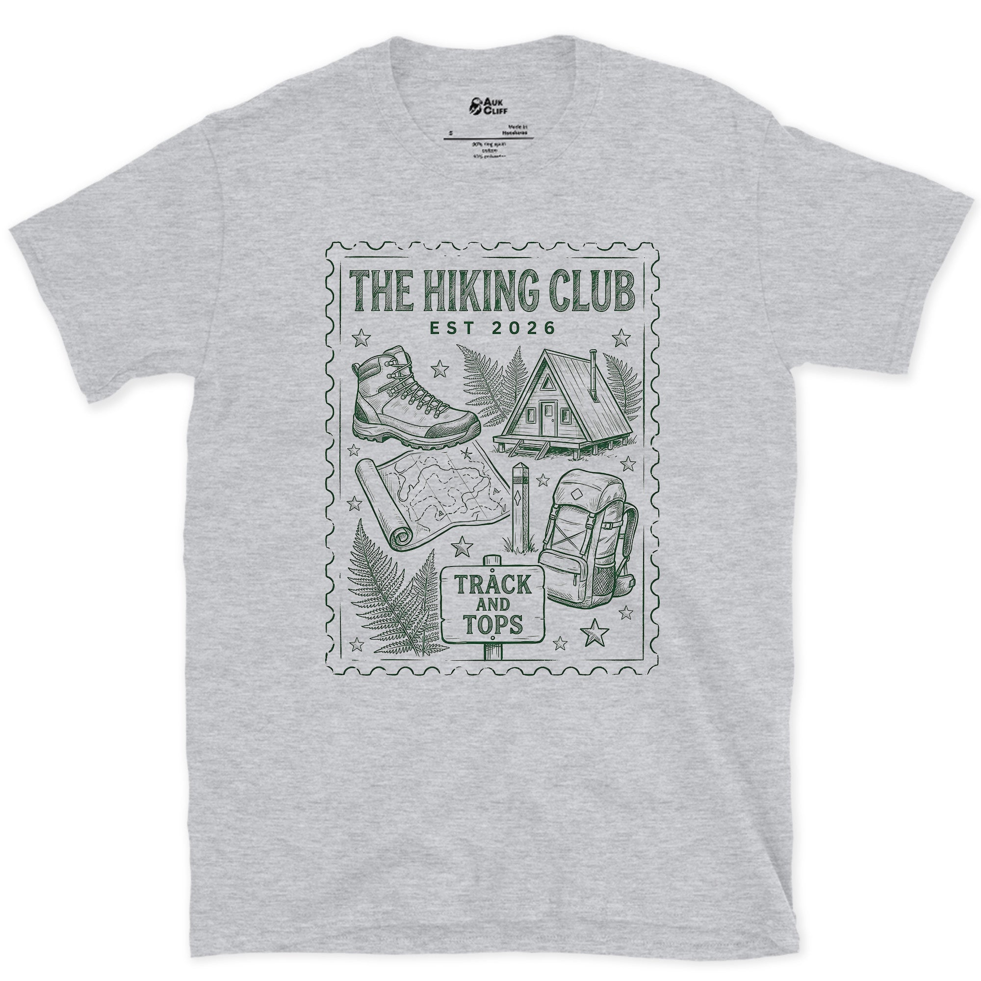 Track and Tops, Boot and Backpack design on a Sport Grey Gildan Softstyle t-shirt
