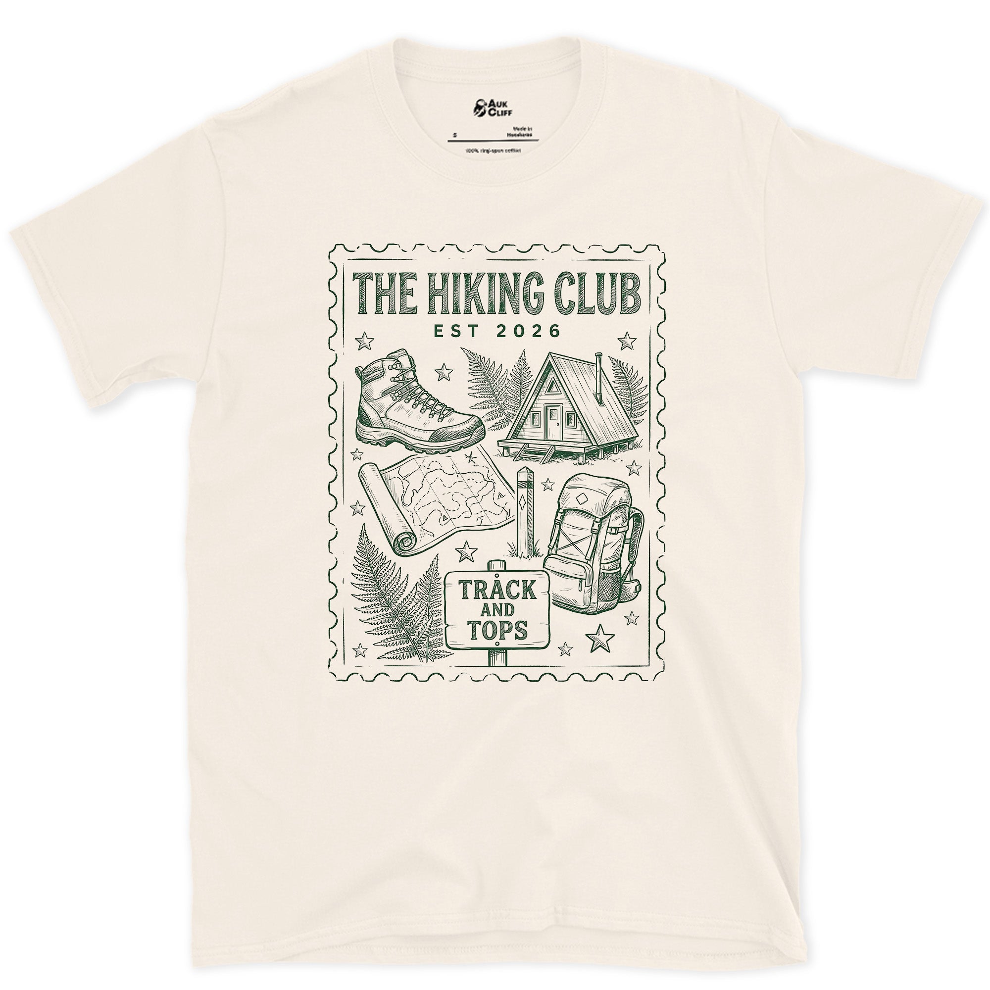Track and Tops, Boot and Backpack design on a Natural Gildan Softstyle t-shirt