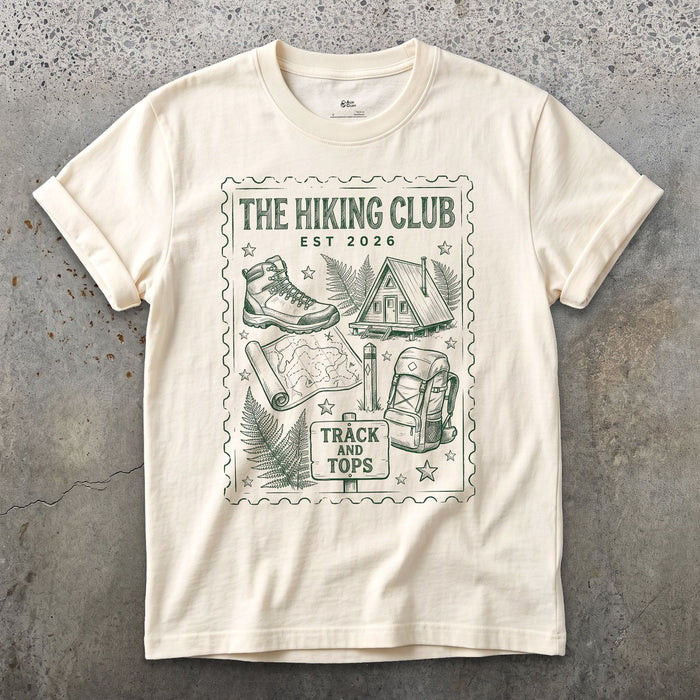 Track and Tops, Boot and Backpack design on a Natural Gildan Softstyle t-shirt