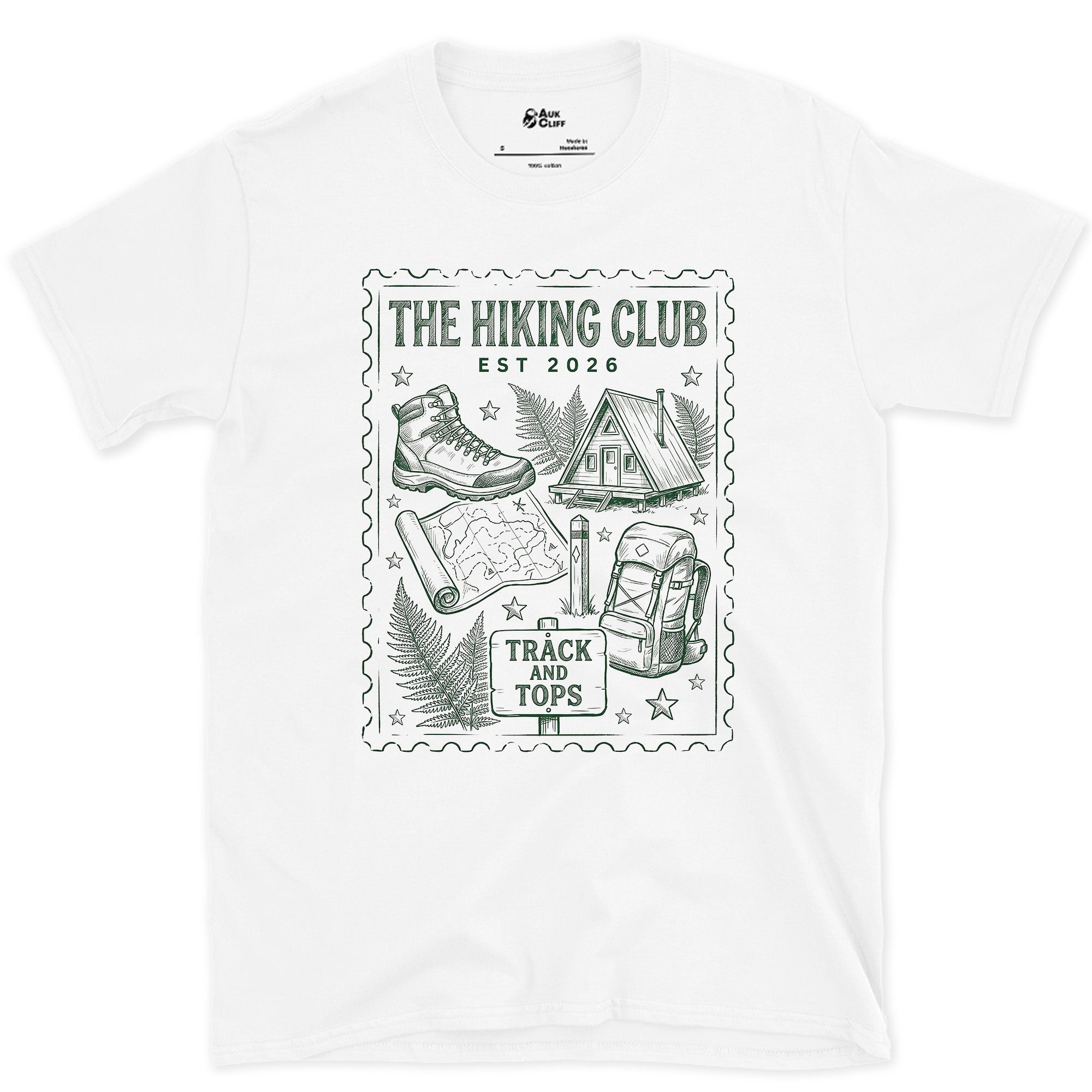 Track and Tops, Boot and Backpack design on a White Gildan Softstyle t-shirt