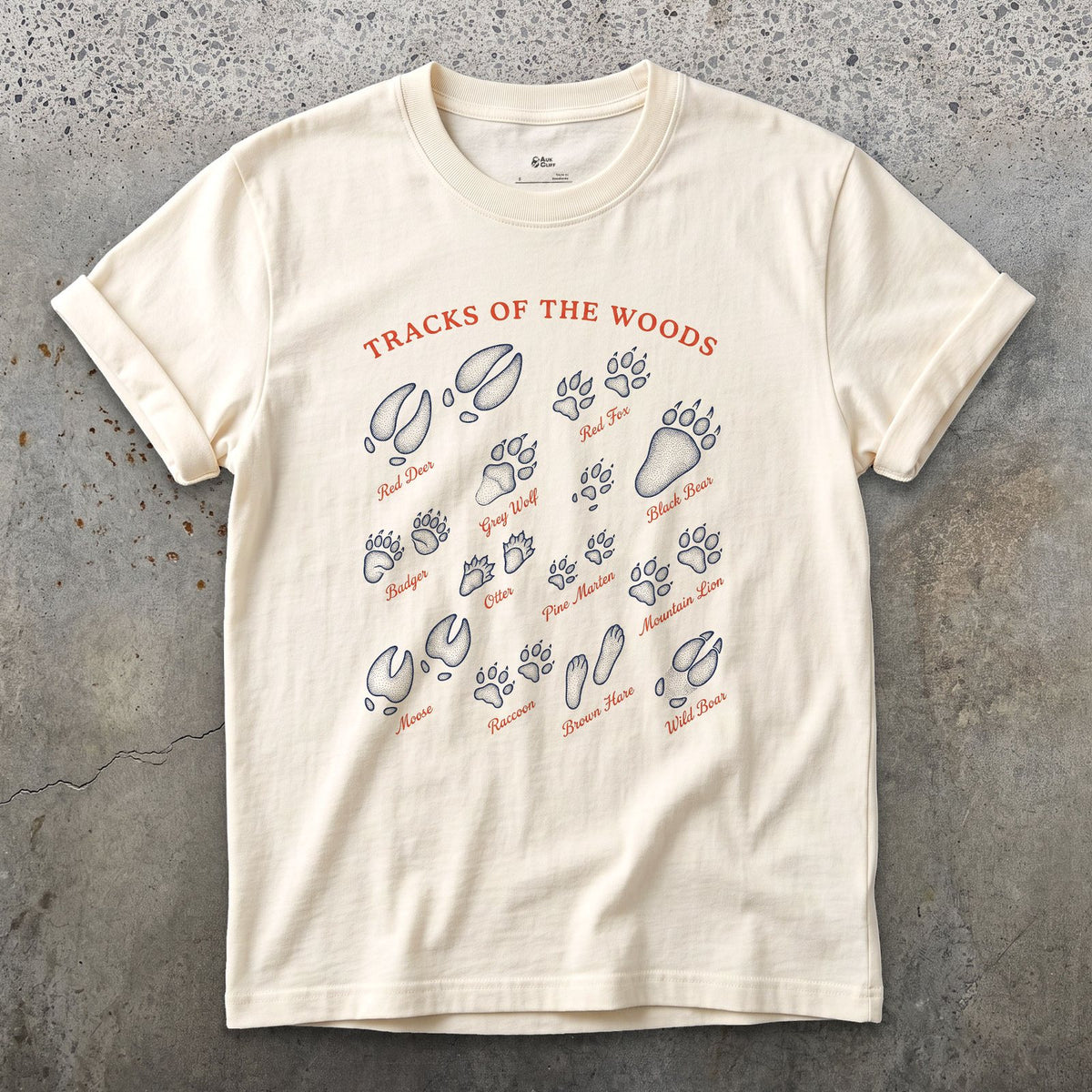 Tracks of the Woods, Wolf to Boar design on a Natural Gildan Softstyle t-shirt