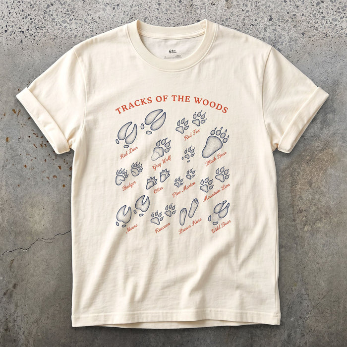 Tracks of the Woods, Wolf to Boar design on a Natural Gildan Softstyle t-shirt