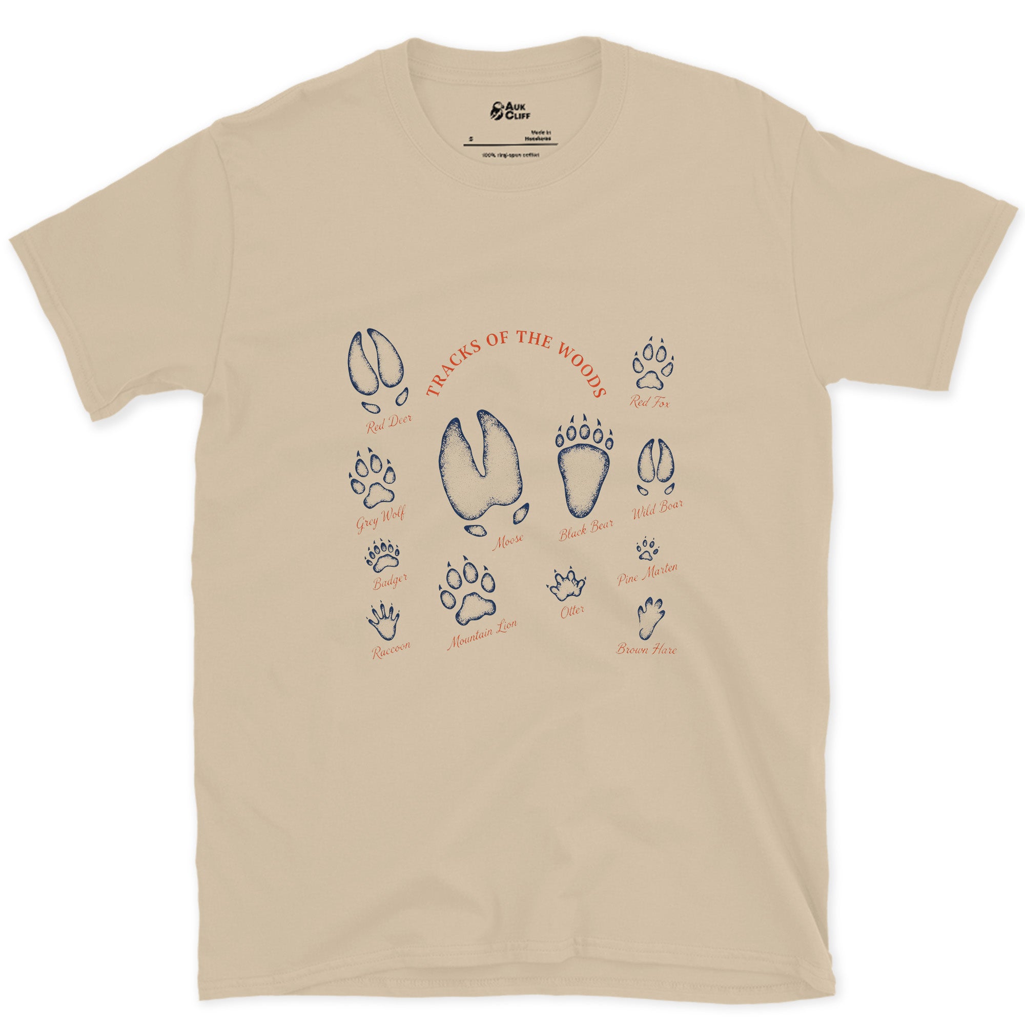 Deer to Bear Tracks of the Woods design on a Sand Gildan Softstyle t-shirt