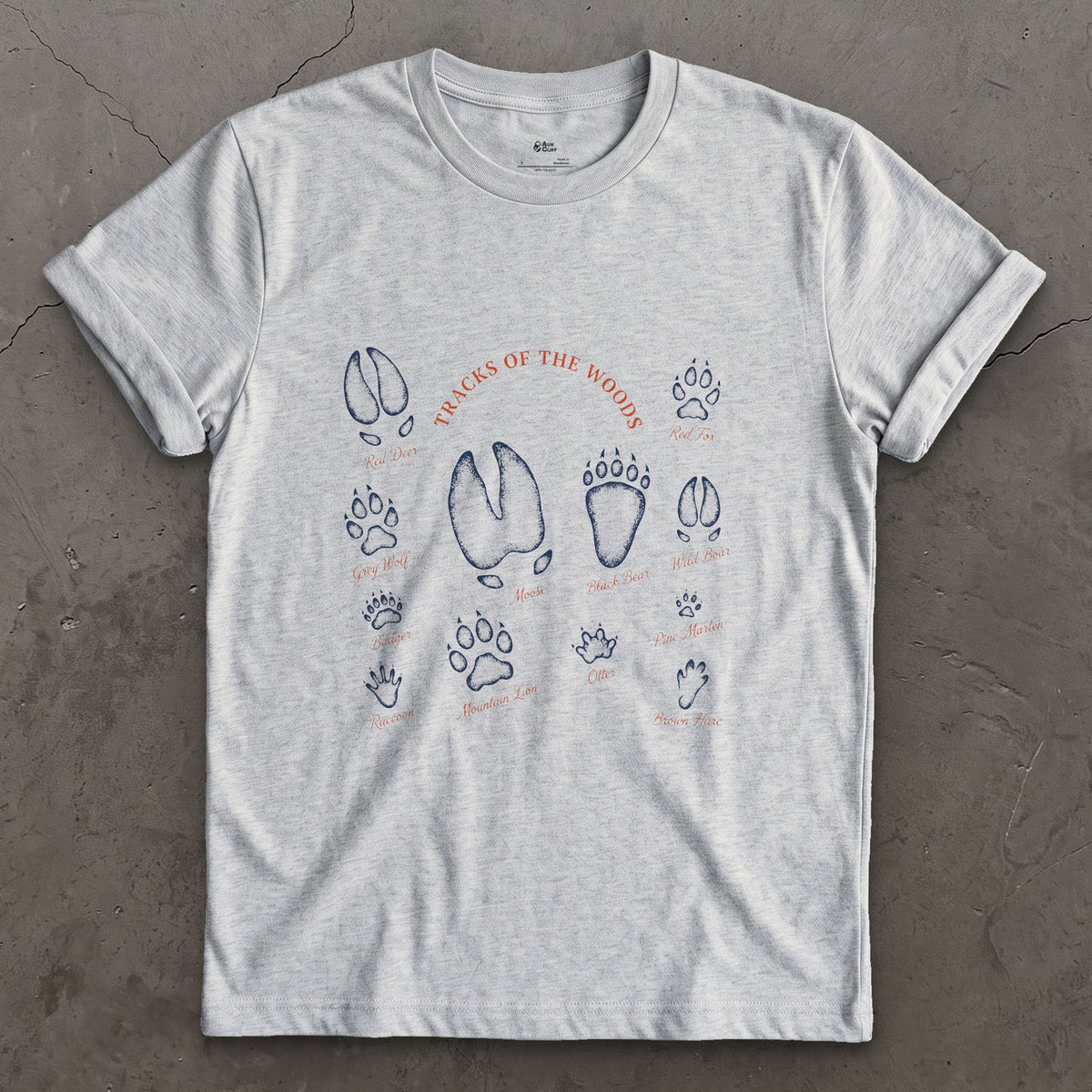 Deer to Bear Tracks of the Woods design on a Sport Grey Gildan Softstyle t-shirt