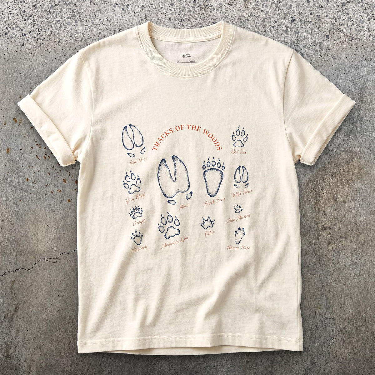 Deer to Bear Tracks of the Woods design on a Natural Gildan Softstyle t-shirt