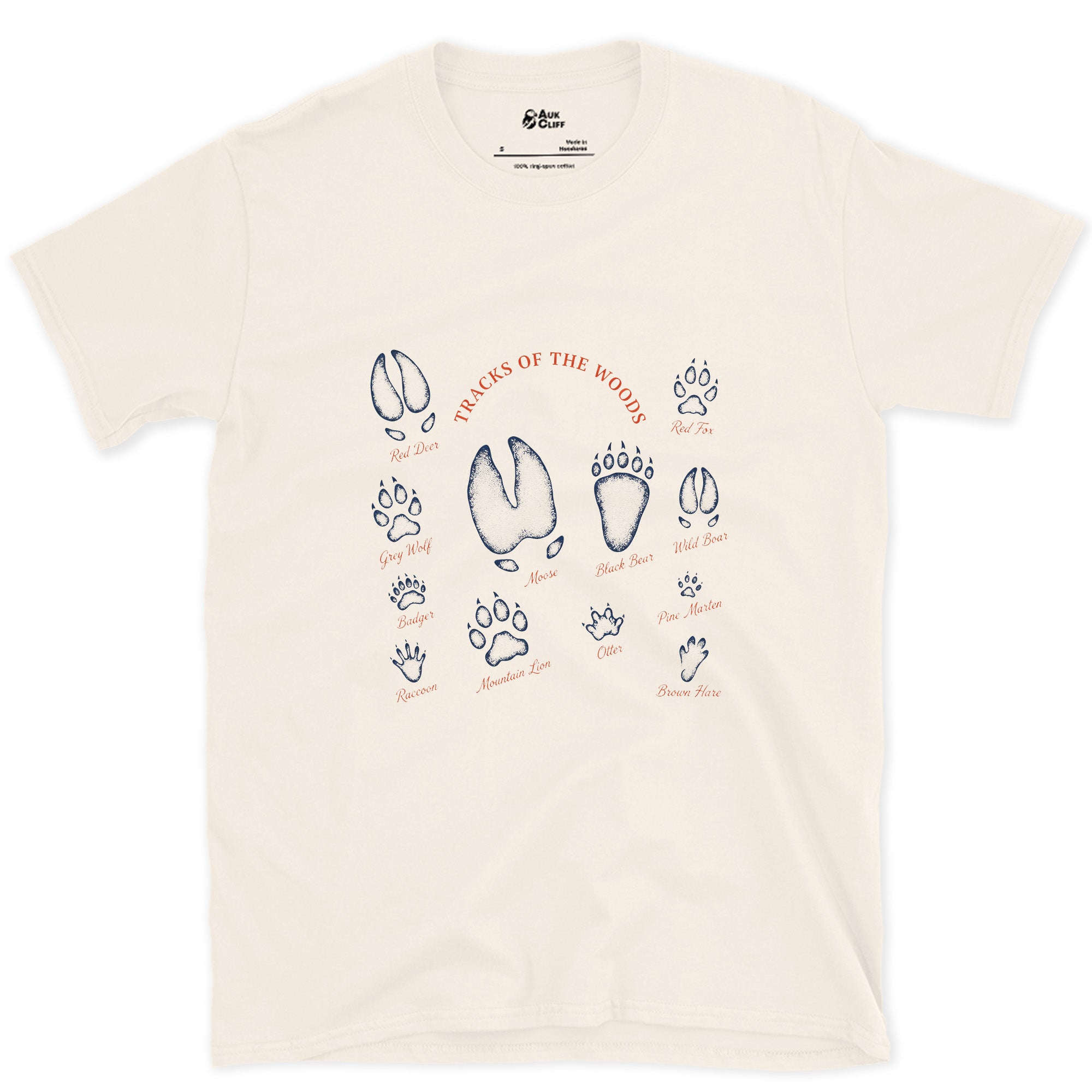 Deer to Bear Tracks of the Woods design on a Natural Gildan Softstyle t-shirt