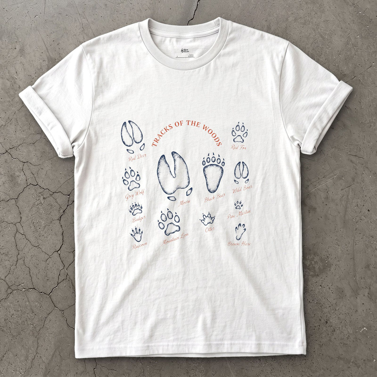 Deer to Bear Tracks of the Woods design on a White Gildan Softstyle t-shirt
