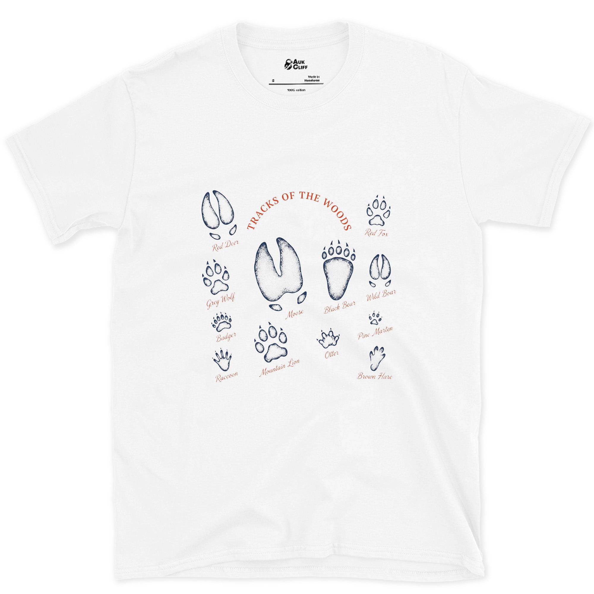 Deer to Bear Tracks of the Woods design on a White Gildan Softstyle t-shirt