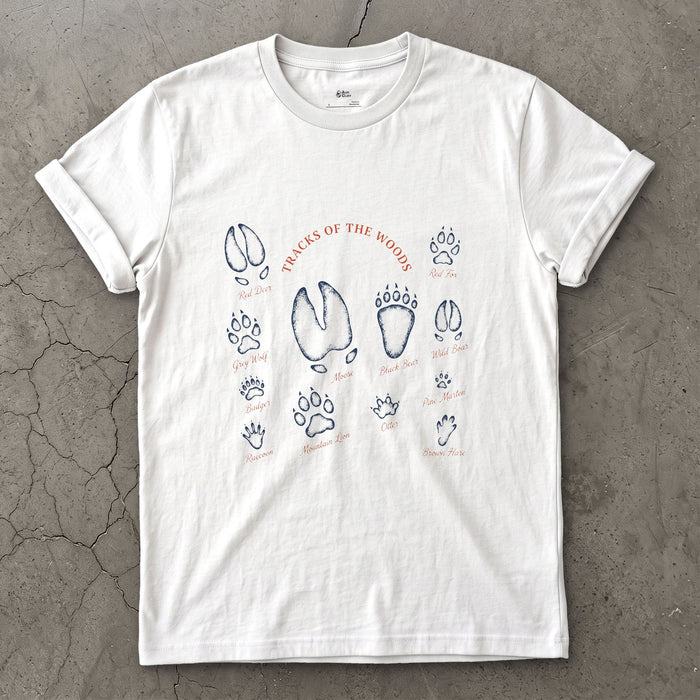 Deer to Bear Tracks of the Woods design on a White Gildan Softstyle t-shirt