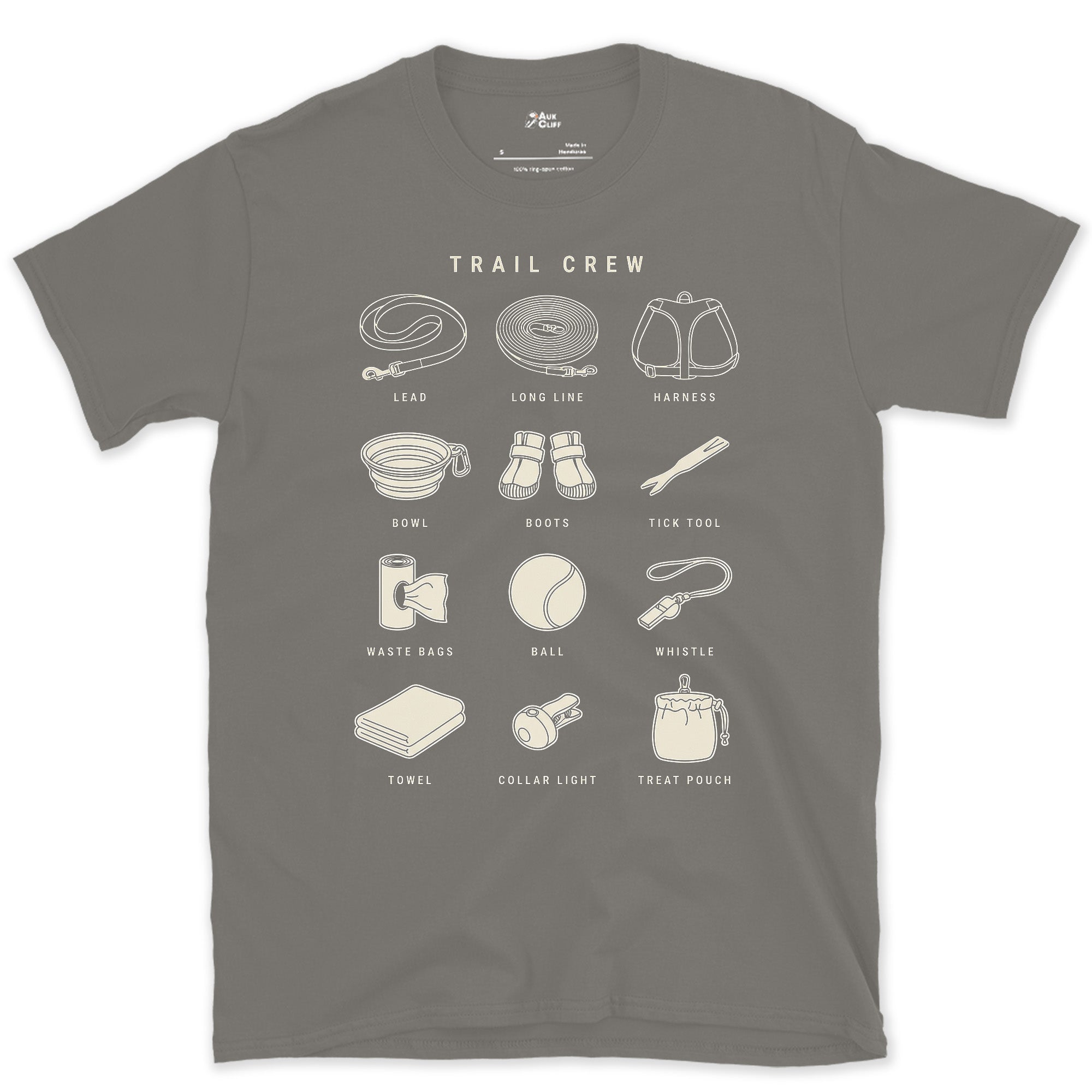 Everything the Trail Dog Needs design on a Charcoal Gildan Softstyle t-shirt