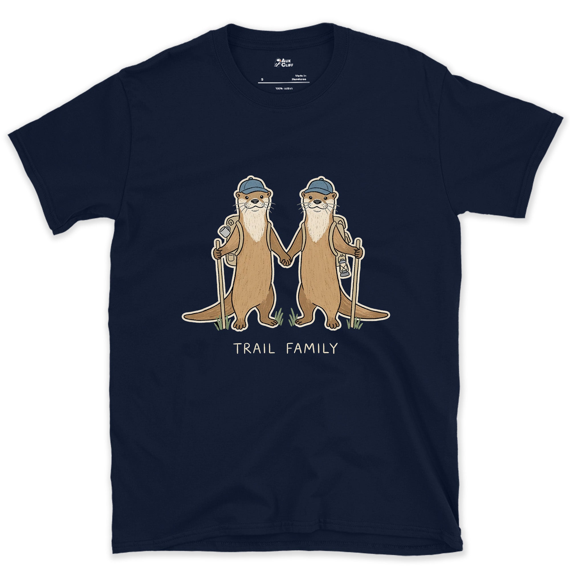 Trail Family, Otters Holding Paws design on a Navy Gildan Softstyle t-shirt