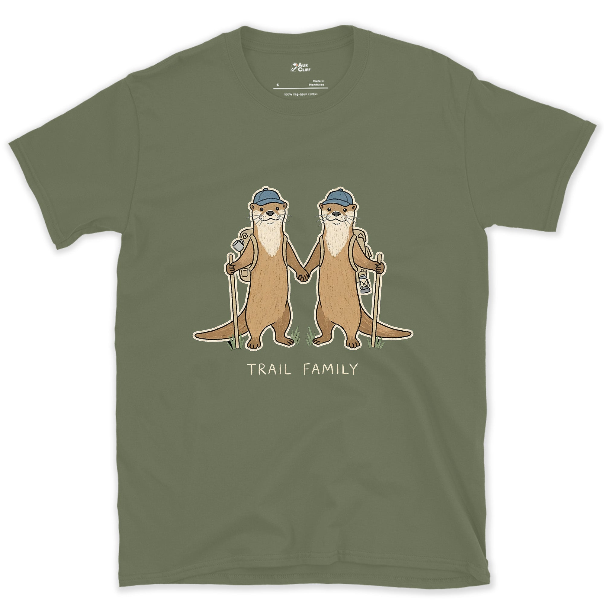 Trail Family, Otters Holding Paws design on a Military Green Gildan Softstyle t-shirt