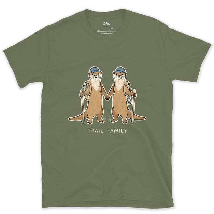 Trail Family, Otters Holding Paws design on a Military Green Gildan Softstyle t-shirt