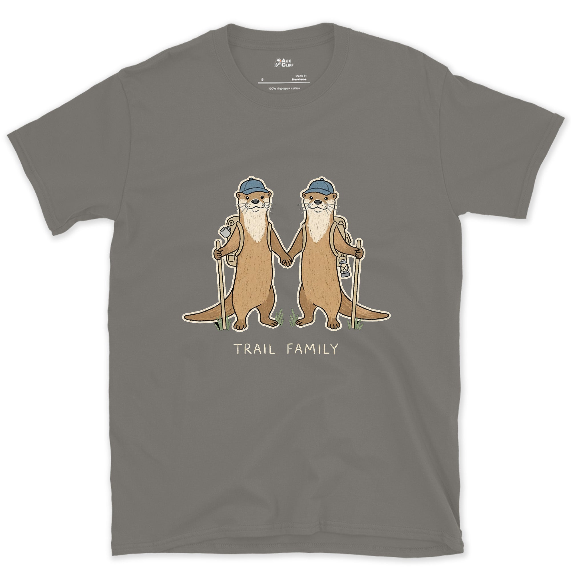 Trail Family, Otters Holding Paws design on a Charcoal Gildan Softstyle t-shirt