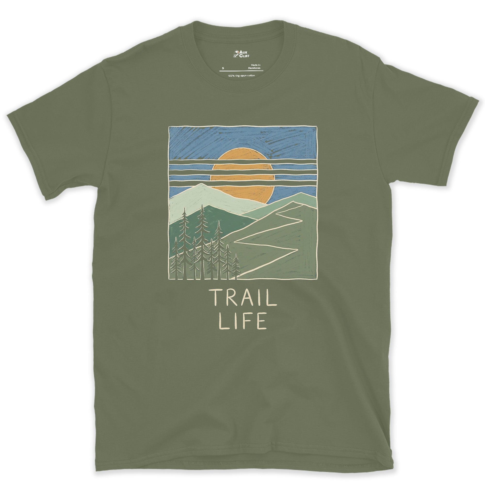 Trail Life on a Sunlit Climb design on a Military Green Gildan Softstyle t-shirt