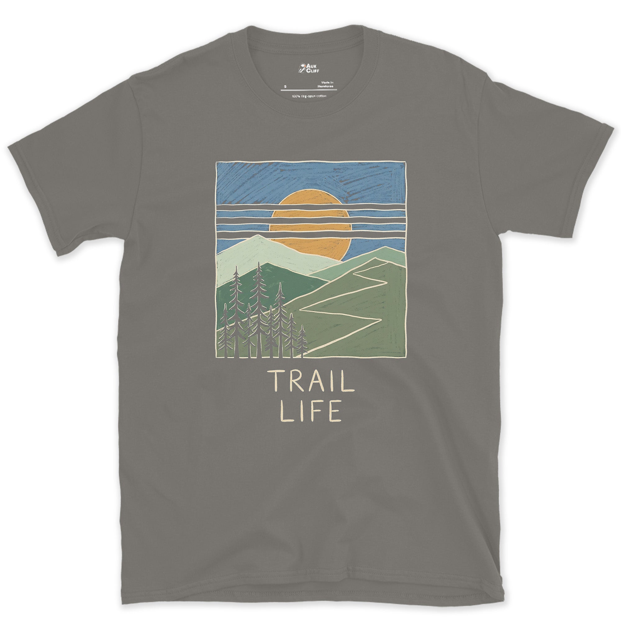 Trail Life on a Sunlit Climb design on a Charcoal Gildan Softstyle t-shirt
