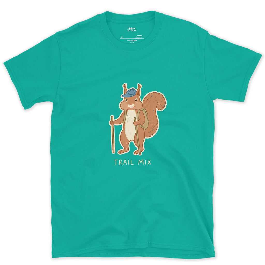 Trail Mix, Squirrel Hiker design on a Jade Dome Gildan Softstyle t-shirt