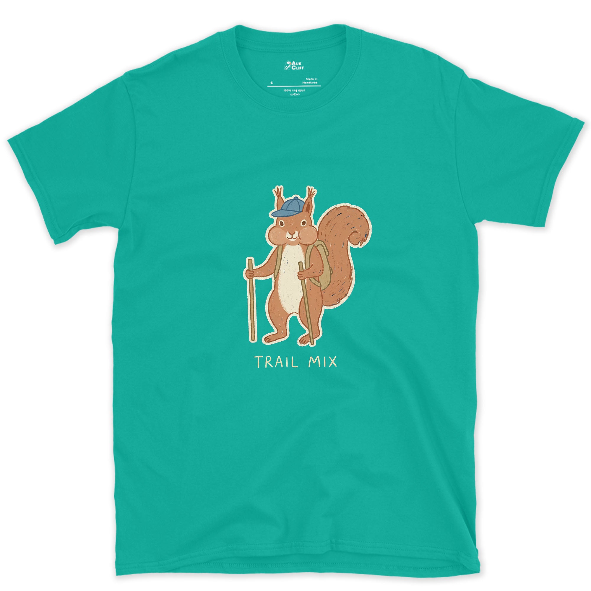 Trail Mix, Squirrel Hiker design on a Jade Dome Gildan Softstyle t-shirt