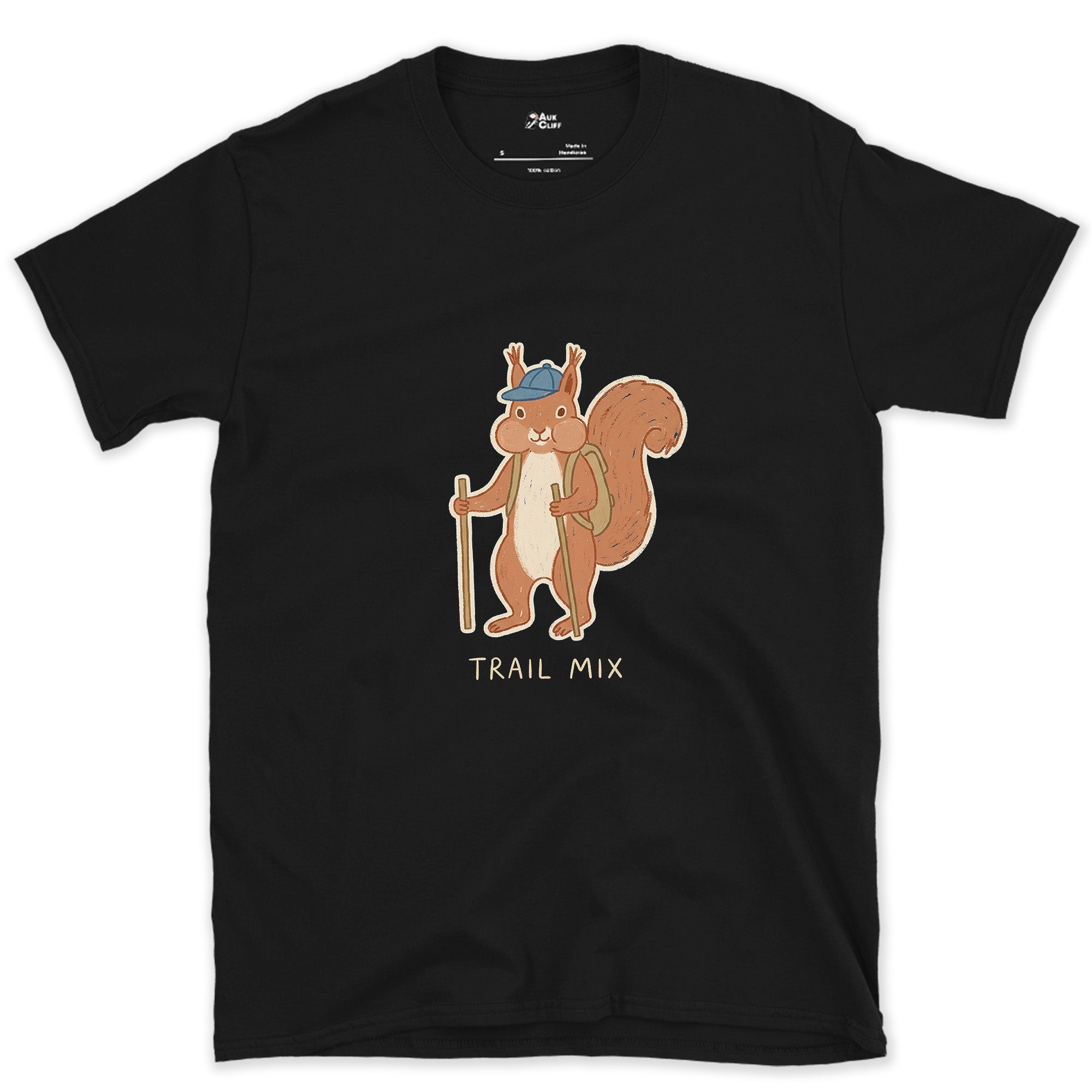 Trail Mix, Squirrel Hiker design on a Black Gildan Softstyle t-shirt
