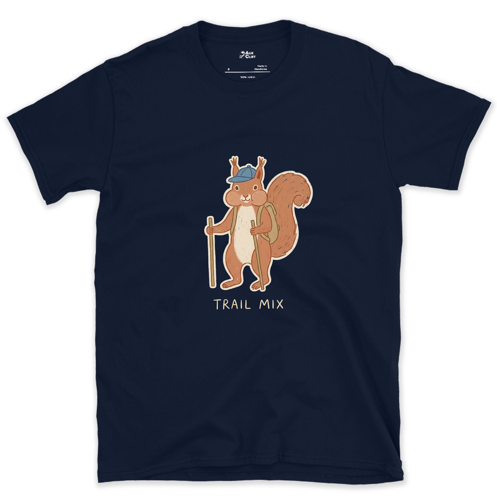 Trail Mix, Squirrel Hiker design on a Navy Gildan Softstyle t-shirt
