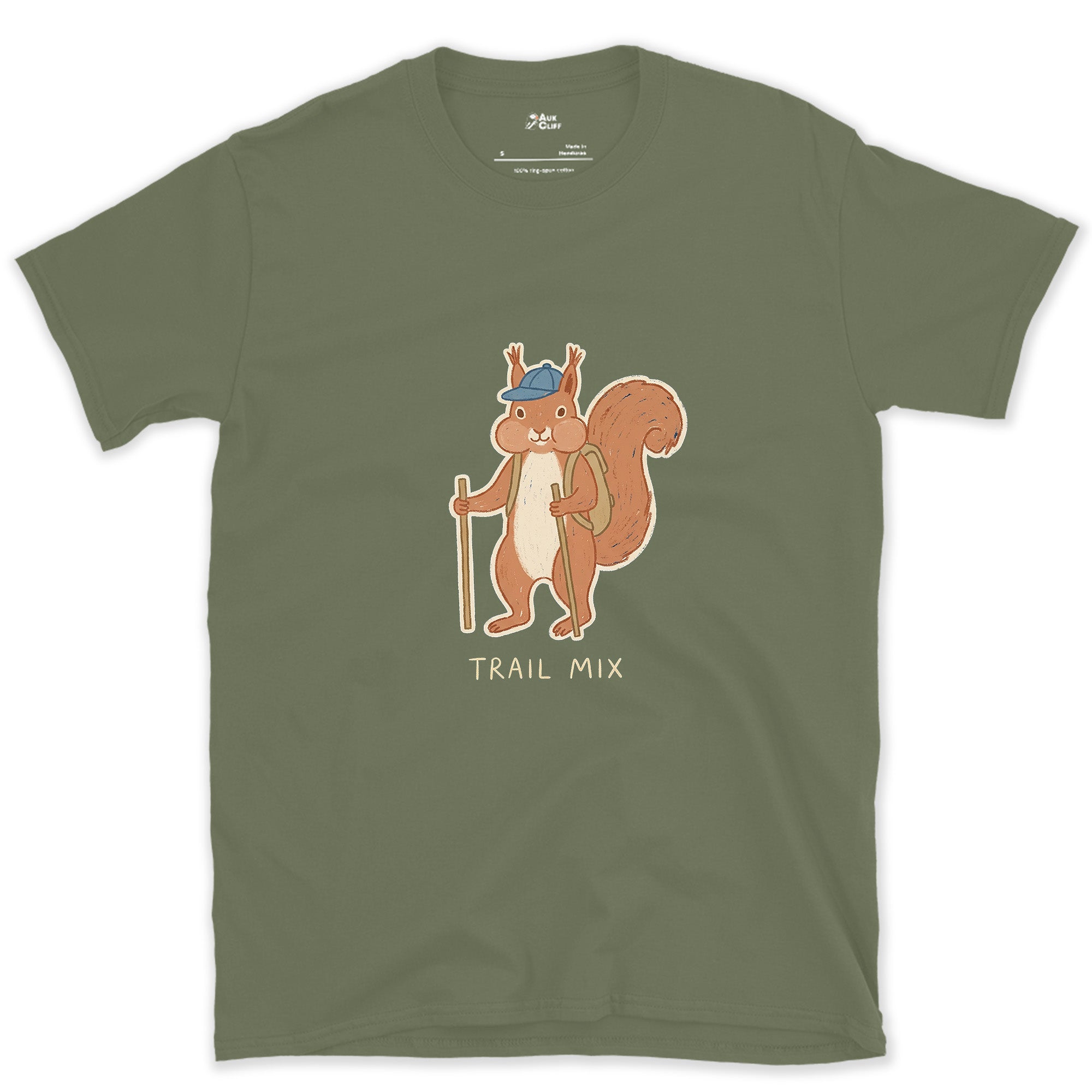 Trail Mix, Squirrel Hiker design on a Military Green Gildan Softstyle t-shirt