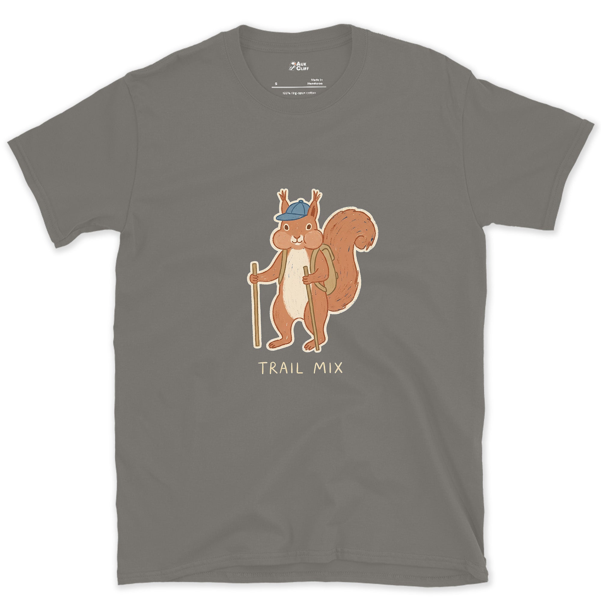 Trail Mix, Squirrel Hiker design on a Charcoal Gildan Softstyle t-shirt