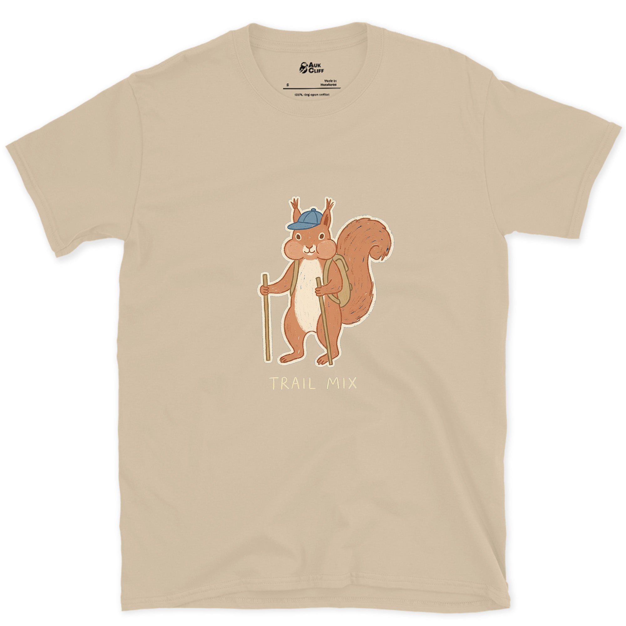 Trail Mix, Squirrel Hiker design on a Sand Gildan Softstyle t-shirt