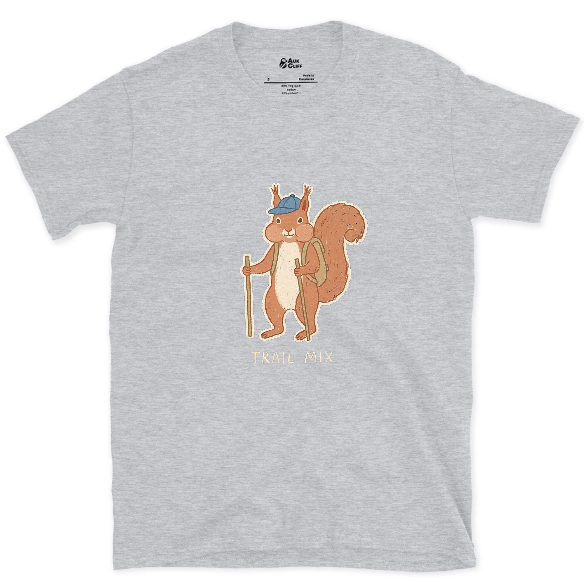 Trail Mix, Squirrel Hiker design on a Sport Grey Gildan Softstyle t-shirt