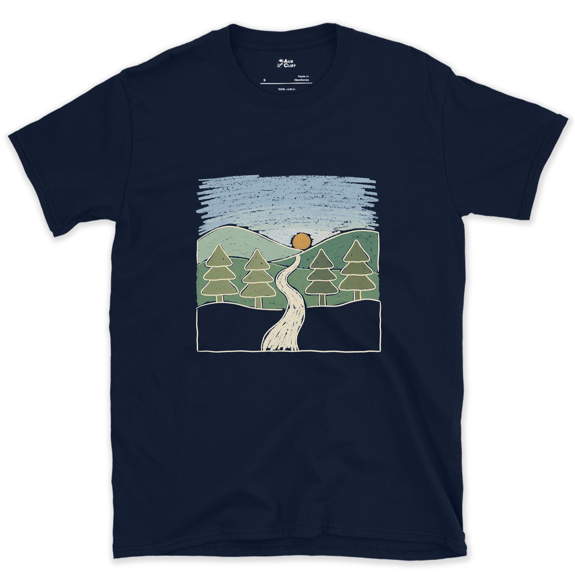 The Trail Before It Disappears Into Pines design on a Navy Gildan Softstyle t-shirt