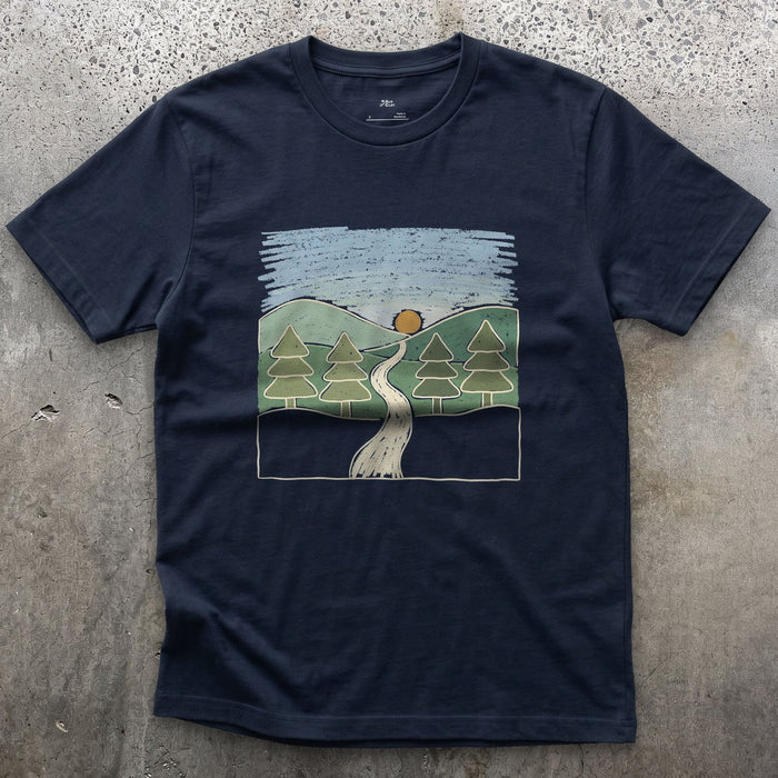 The Trail Before It Disappears Into Pines design on a Navy Gildan Softstyle t-shirt