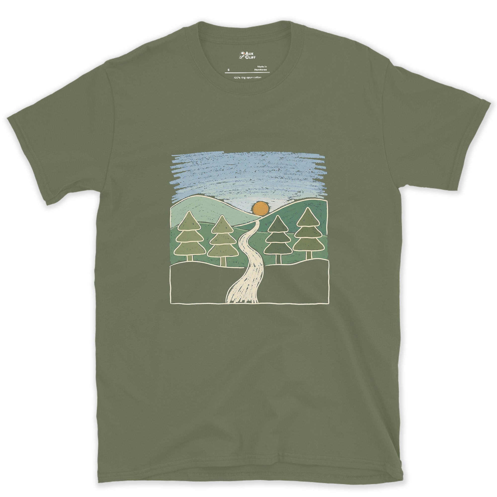 The Trail Before It Disappears Into Pines design on a Military Green Gildan Softstyle t-shirt