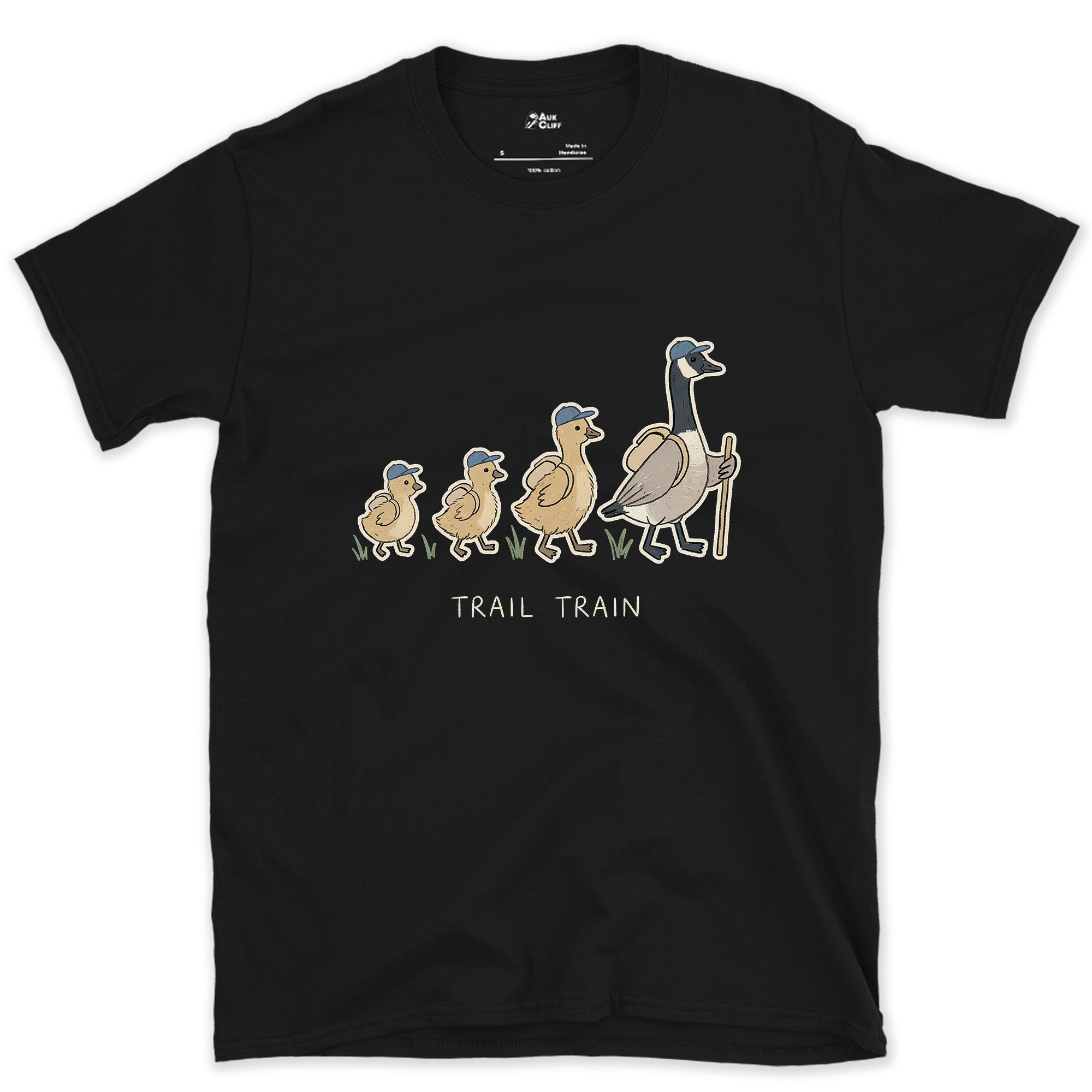The Trail Train, Goose and Goslings design on a Black Gildan Softstyle t-shirt