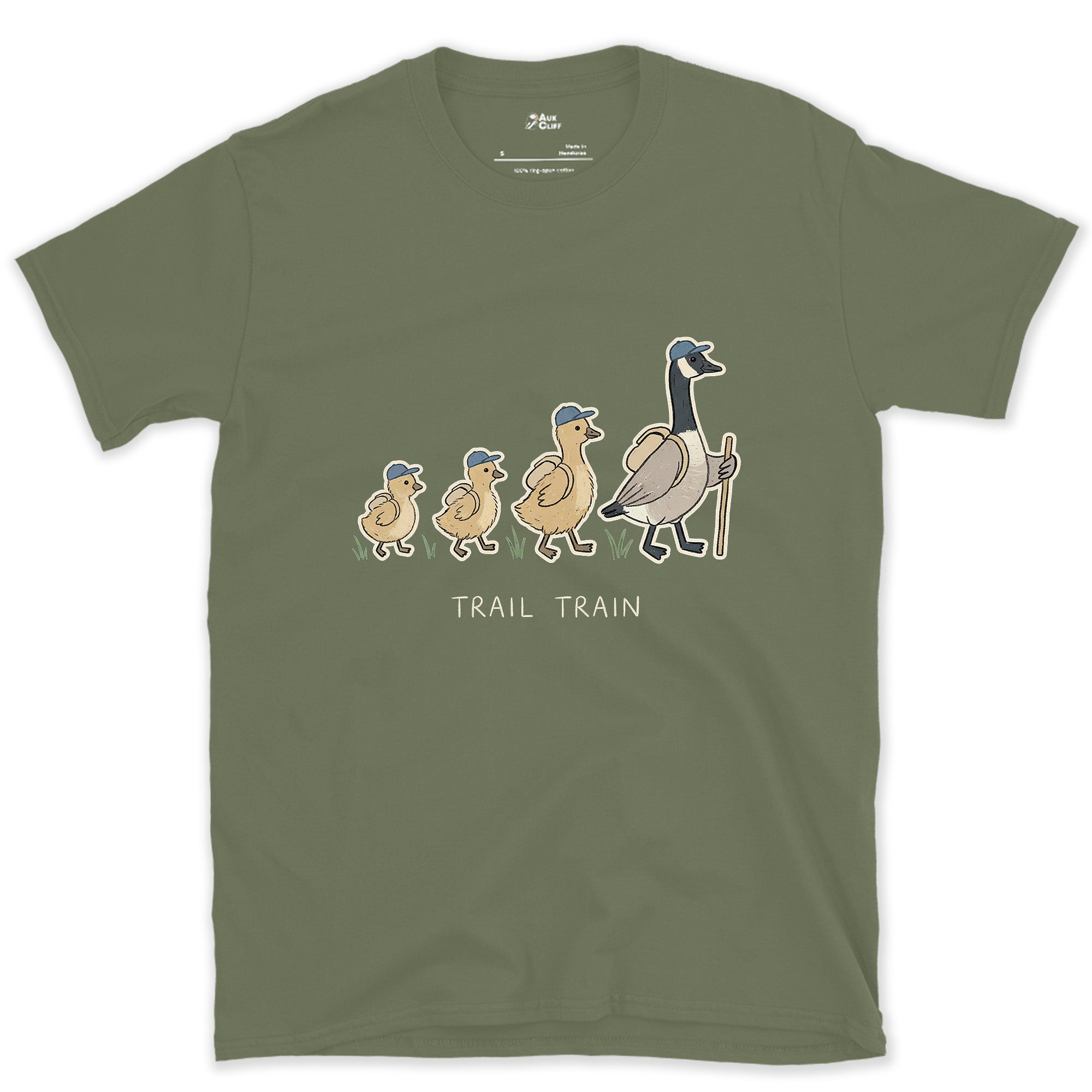 The Trail Train, Goose and Goslings design on a Military Green Gildan Softstyle t-shirt