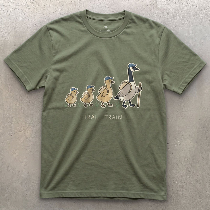 The Trail Train, Goose and Goslings design on a Military Green Gildan Softstyle t-shirt