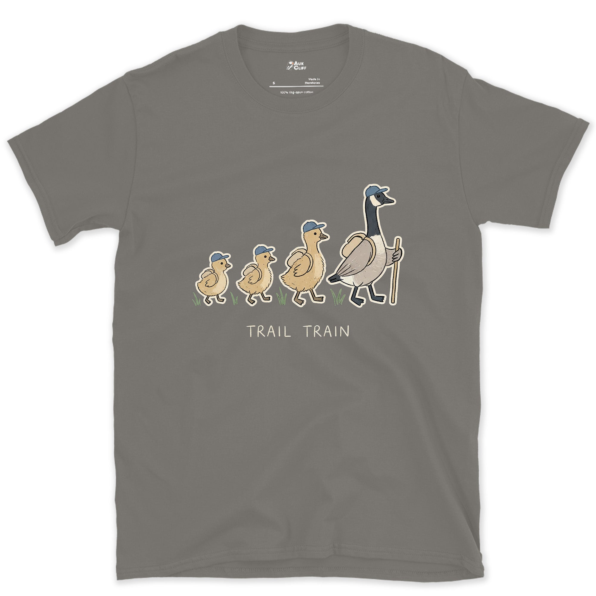 The Trail Train, Goose and Goslings design on a Charcoal Gildan Softstyle t-shirt