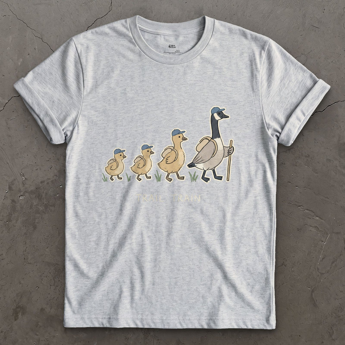 The Trail Train, Goose and Goslings design on a Sport Grey Gildan Softstyle t-shirt