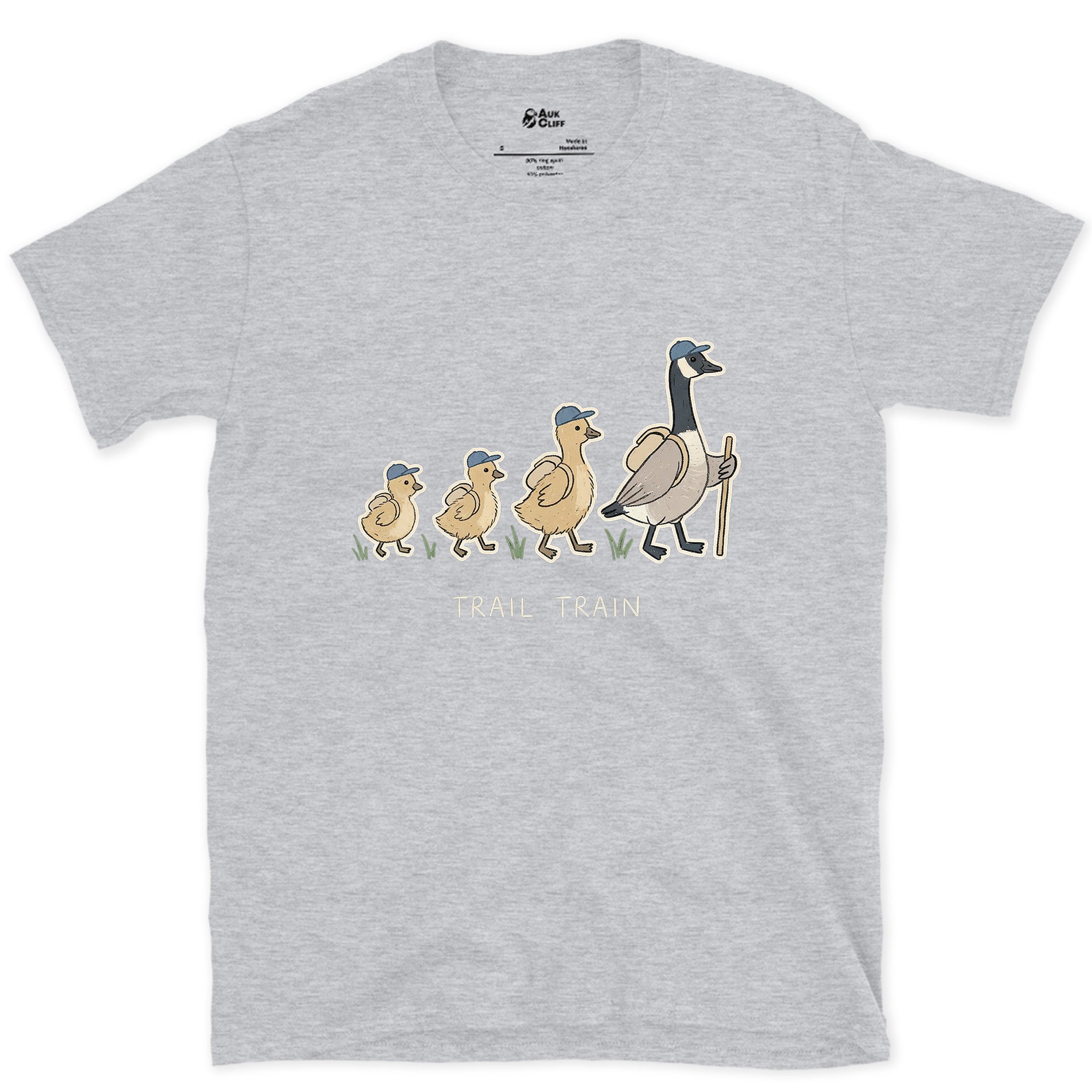 The Trail Train, Goose and Goslings design on a Sport Grey Gildan Softstyle t-shirt
