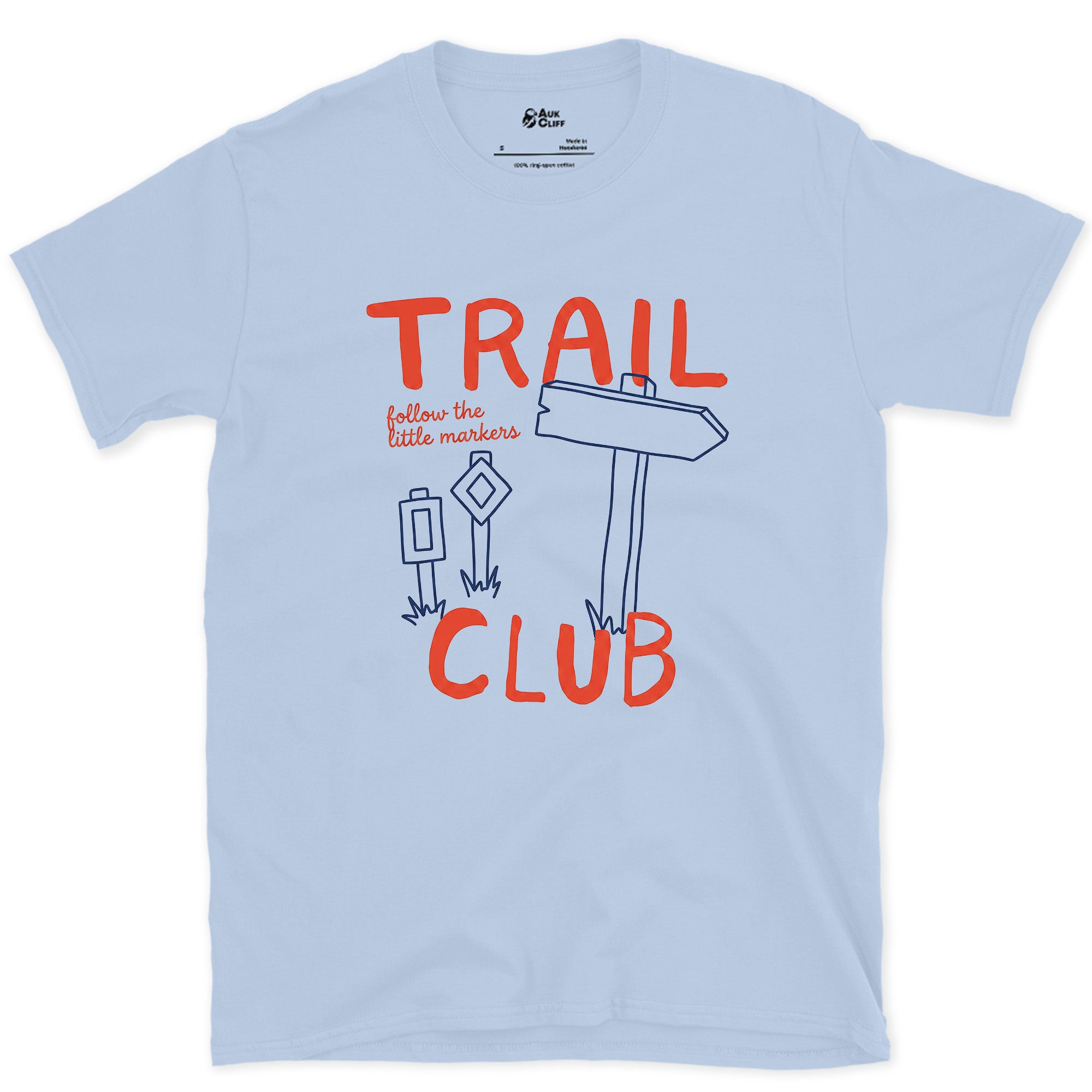 Follow the Little Markers, Trail Club design on a Light Blue Gildan Softstyle t-shirt