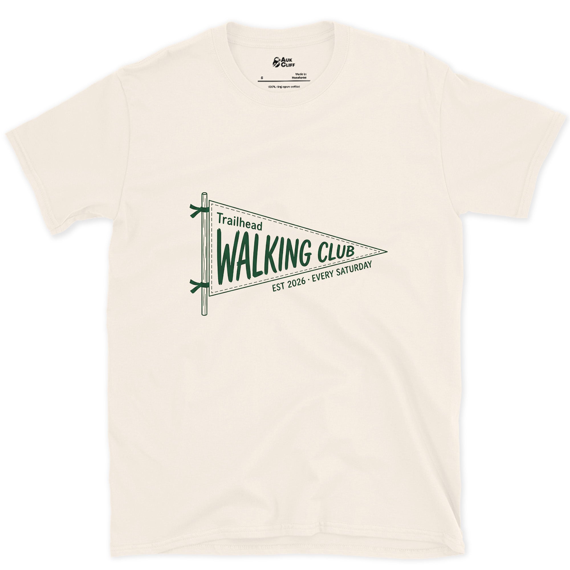 Trailhead Walking Club Meets Every Saturday design on a Natural Gildan Softstyle t-shirt