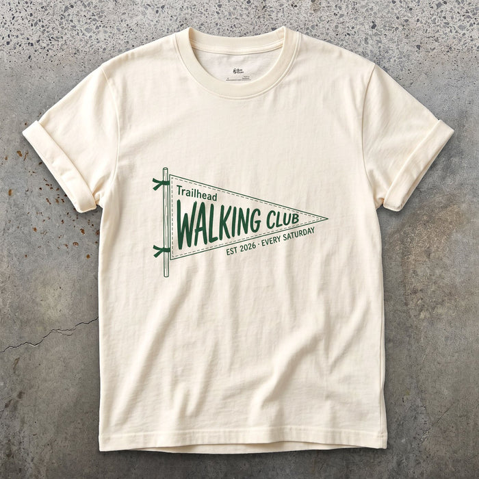 Trailhead Walking Club Meets Every Saturday design on a Natural Gildan Softstyle t-shirt