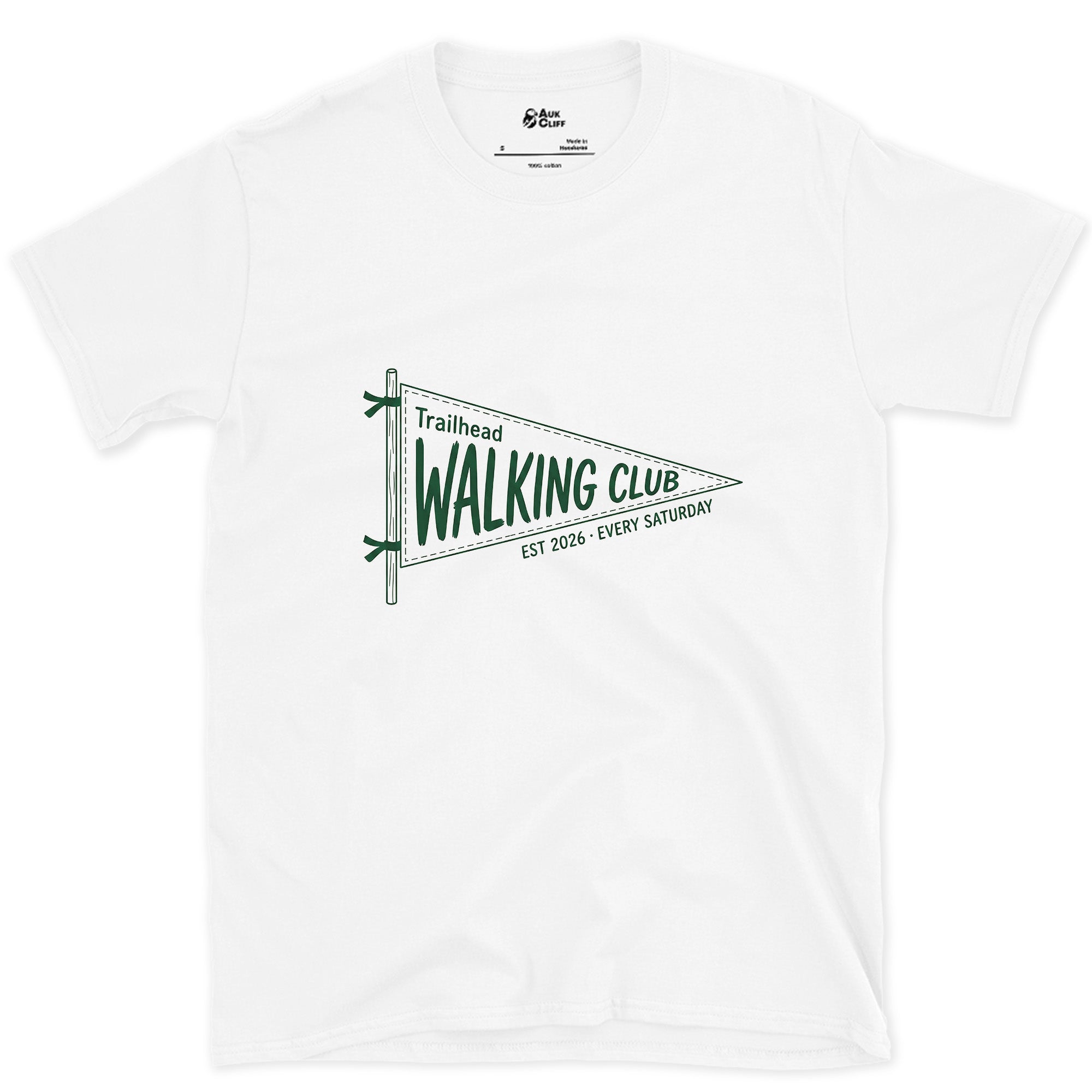 Trailhead Walking Club Meets Every Saturday design on a White Gildan Softstyle t-shirt